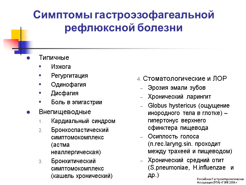 Симптомы гастроэзофагеальной рефлюксной болезни Типичные Изжога Регургитация Одинофагия Дисфагия Боль в эпигастрии Внепищеводные Кардиальный